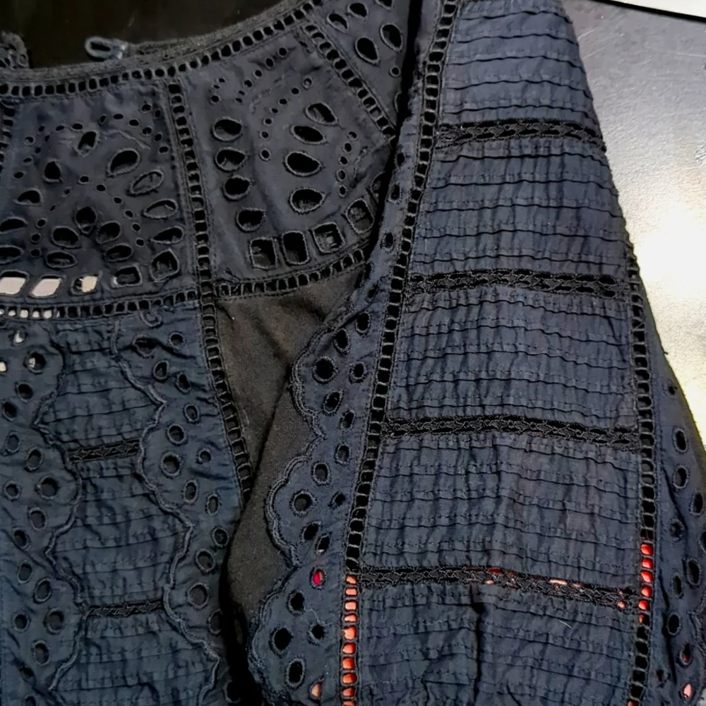 Anthropologie Vanessa Virginia Black Eyelet Lace Cinch Waist Top M